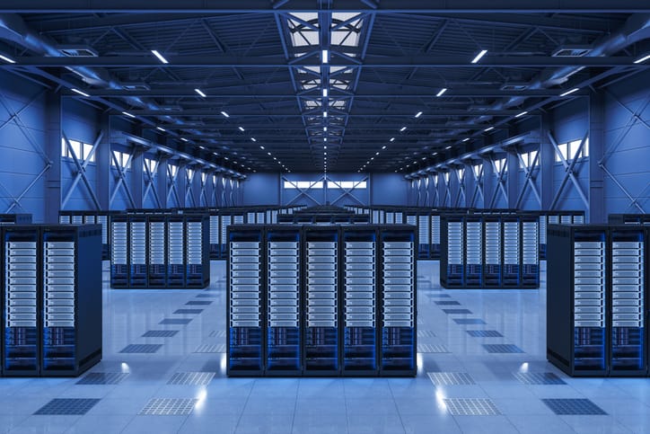 Front View Of Server Racks In The Warehouse At Night